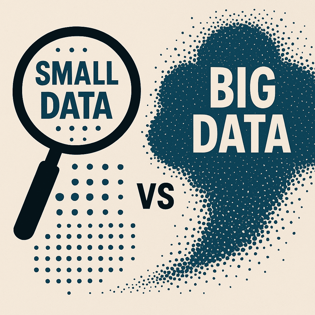 Bild, das eine kleine, fokussierte Lupe vergleicht, die Einblicke aus einem bescheidenen Datensatz enthüllt, gegenüber einer riesigen, überwältigenden Wolke mit der Aufschrift 'Big Data'.