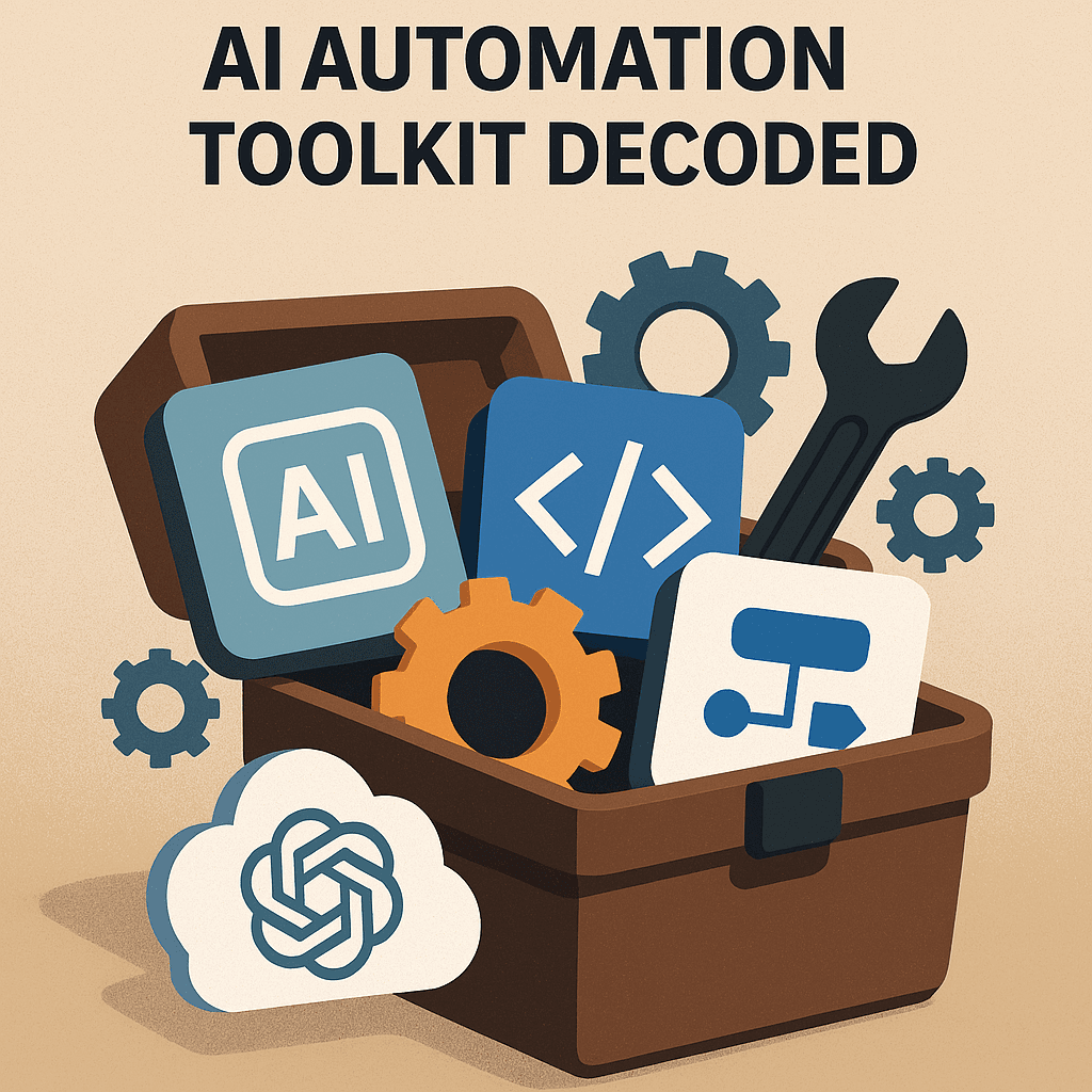 Stilisiertes Bild einer Werkzeugkiste, die mit diversen digitalen Symbolen (KI, Code, visueller Builder, Zahnräder) überfüllt ist und das moderne Toolkit darstellt.