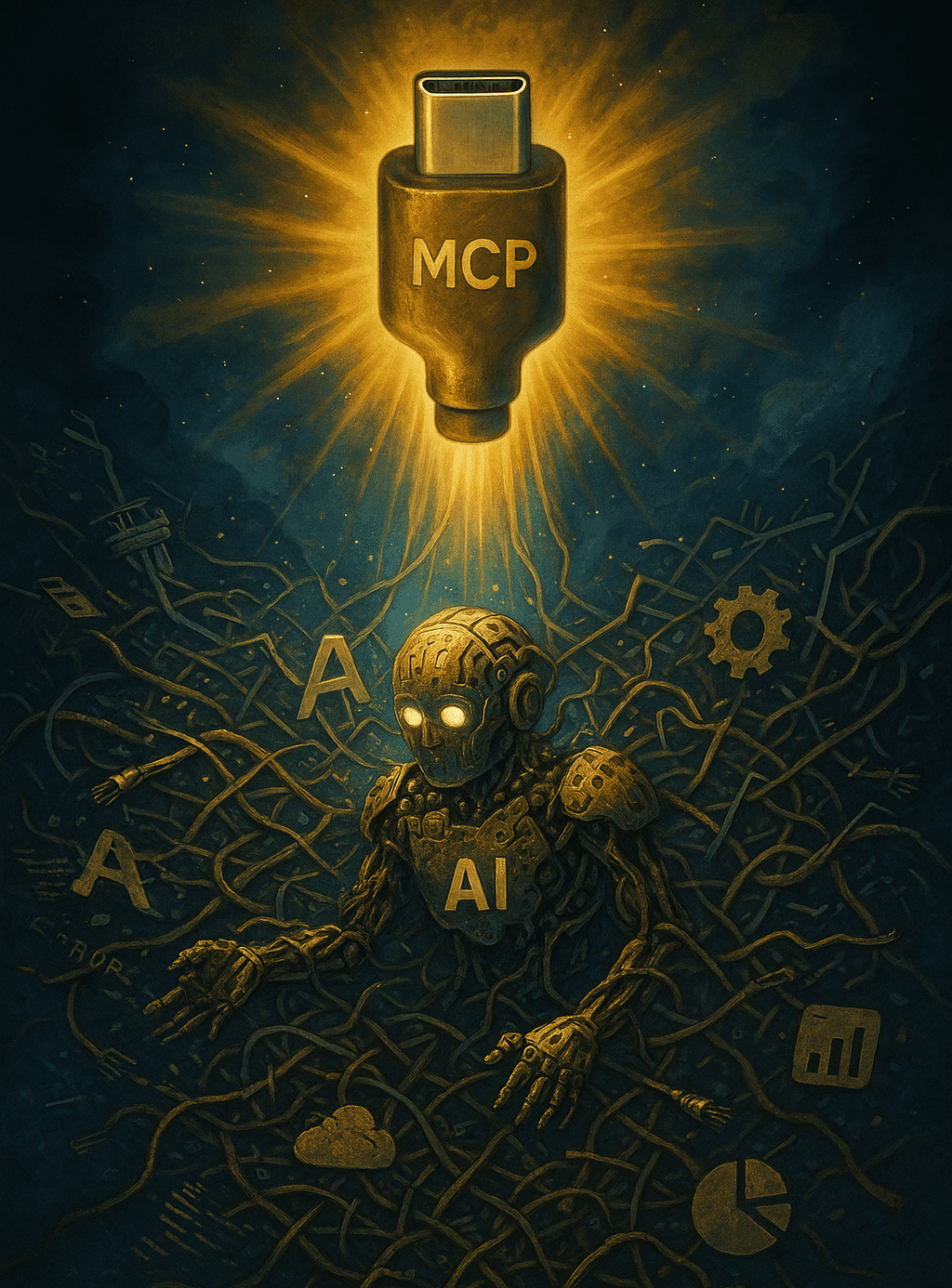 Diagramm zeigt KI-Systeme, die über eine einheitliche MCP-Protokollschicht mit verschiedenen Geschäftstools verbunden sind