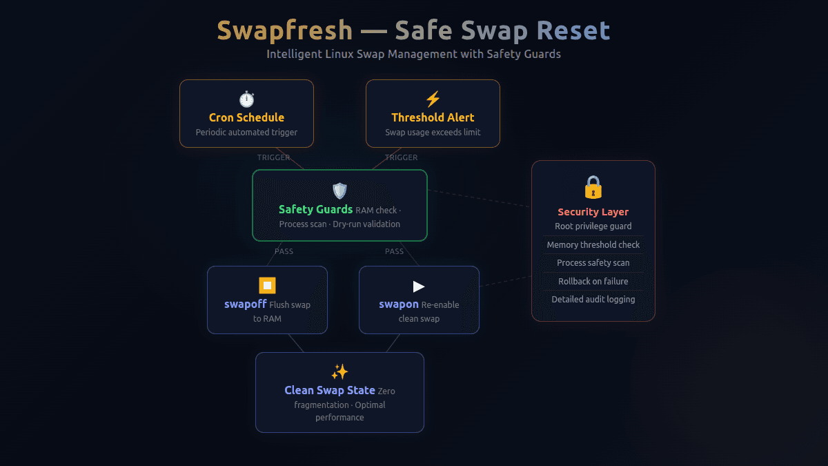 Architecture diagram of the Swapfresh event-driven swap cleanup daemon