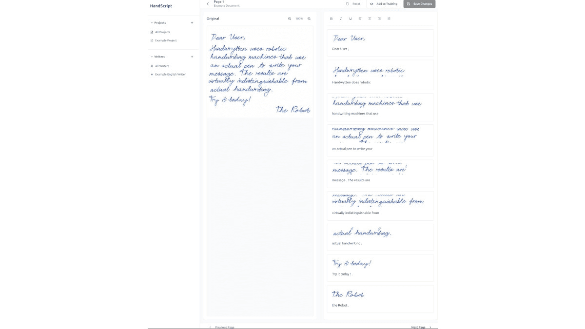 Beispiel für die Erkennung verschiedener Handschriftproben durch HandScript.