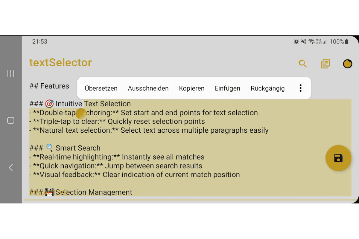 Screenshot von textSelector in Aktion auf einem Android-Gerät.